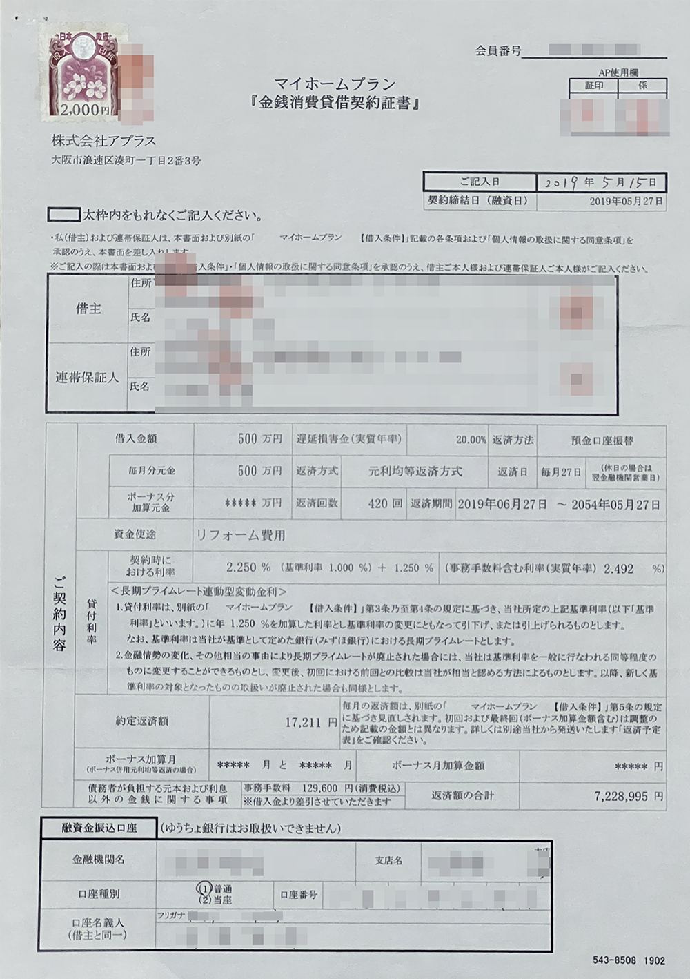 2019年に契約したリフォームローンの契約書。借入額500万円、契約時の金利は年2.25%でした。