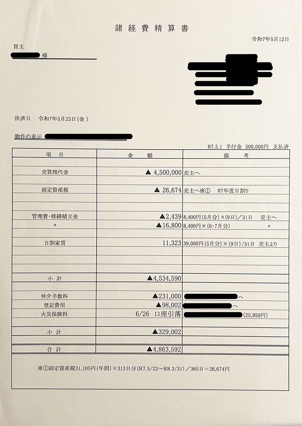 500万円の中古区分マンション購入時の諸経費計算書。仲介手数料、登記費用、税金精算金などの内訳